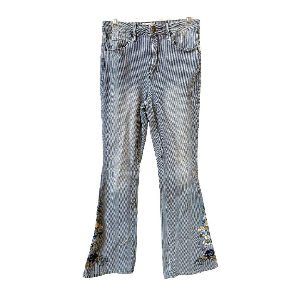 Driftwood Farrah Striped Embroidered Floral Bell Bottom Flare Jeans 27x33, Boho